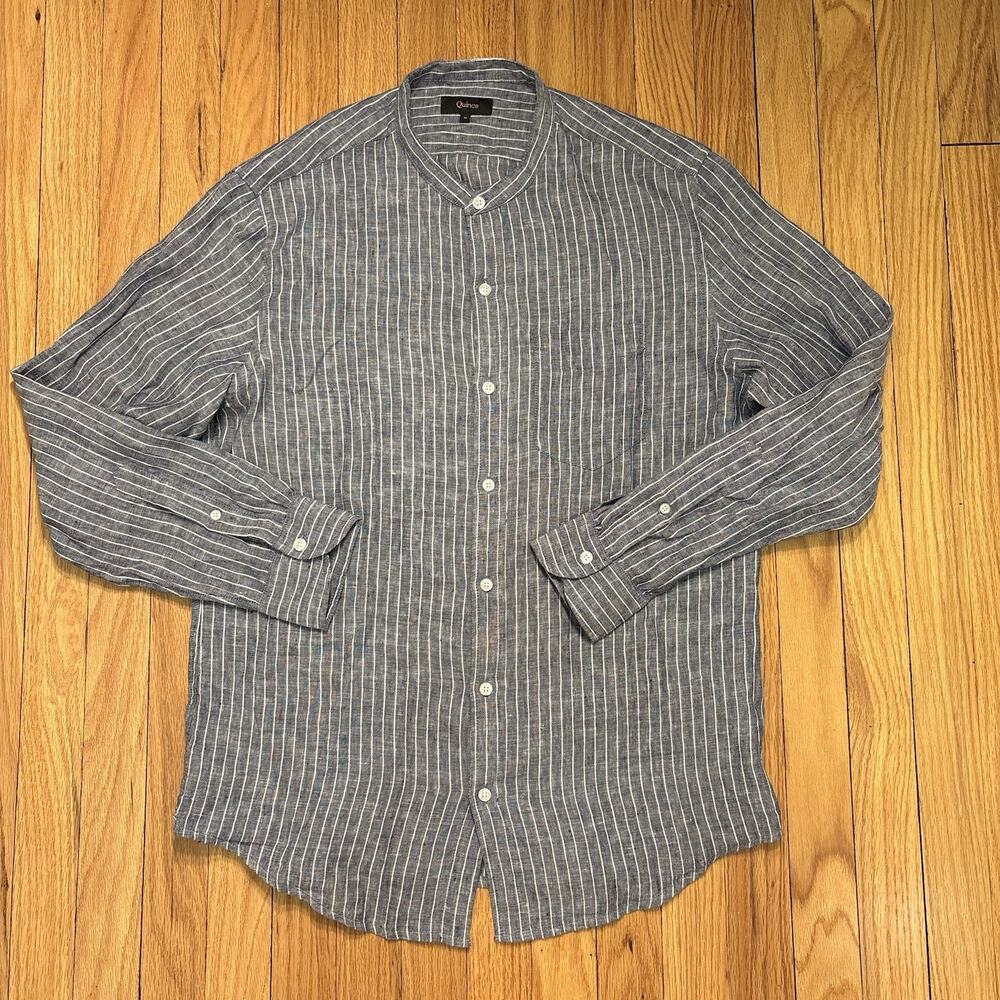 Quince Men's M 100% European Linen Banded Collar Shirt Chambray Stripe Blue